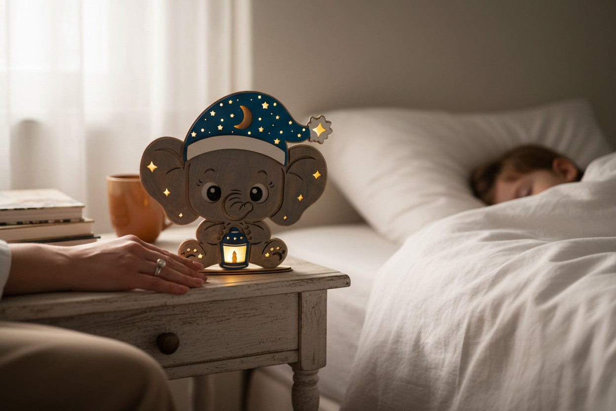 Nachtlampje Olifant met NAAM van het Kind op het Bandje Gegraveerd - Warm LED-Strip op Batterijen, Batterijen Inbegrepen
