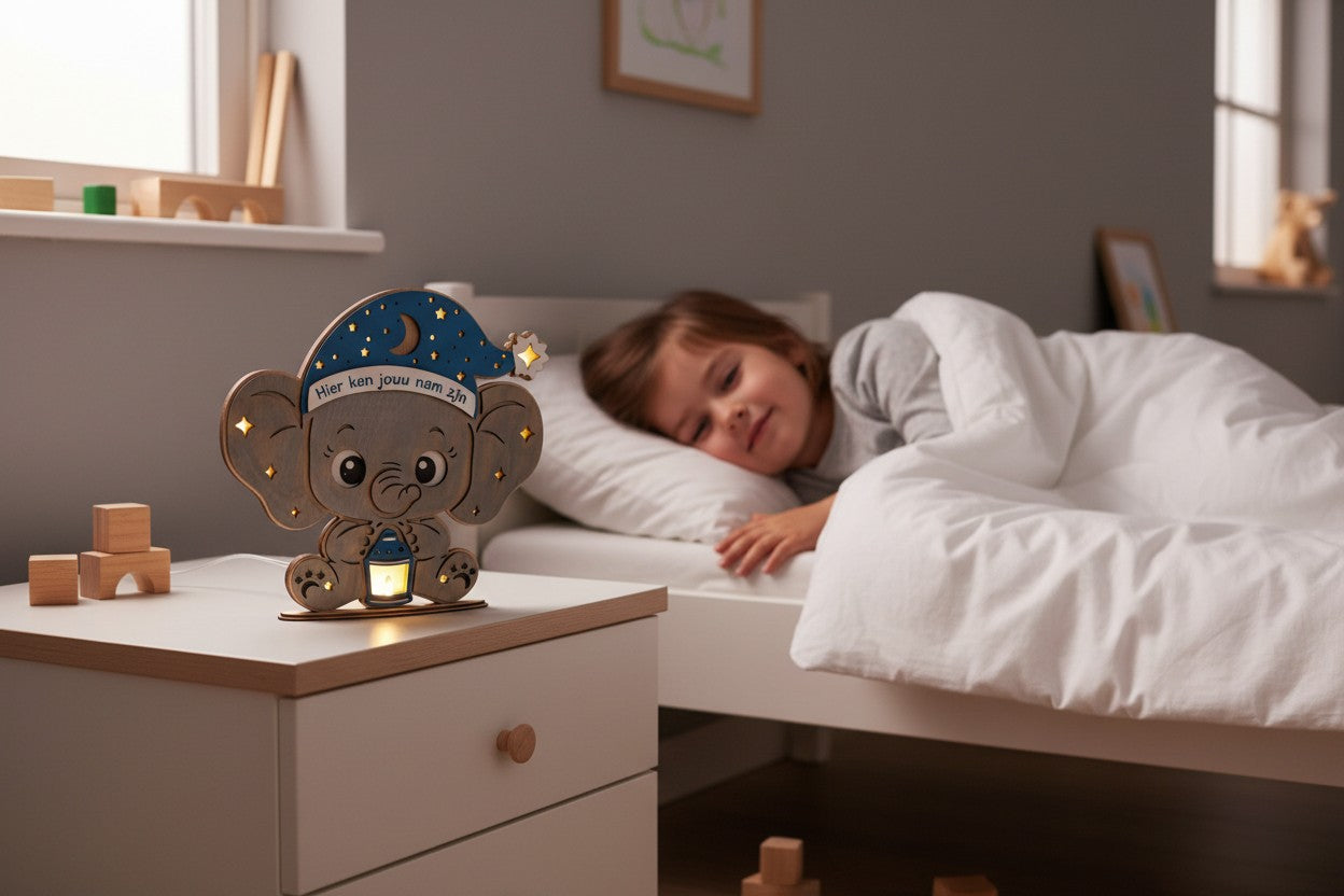 Nachtlampje Olifant met NAAM van het Kind op het Bandje Gegraveerd - Warm LED-Strip op Batterijen, Batterijen Inbegrepen