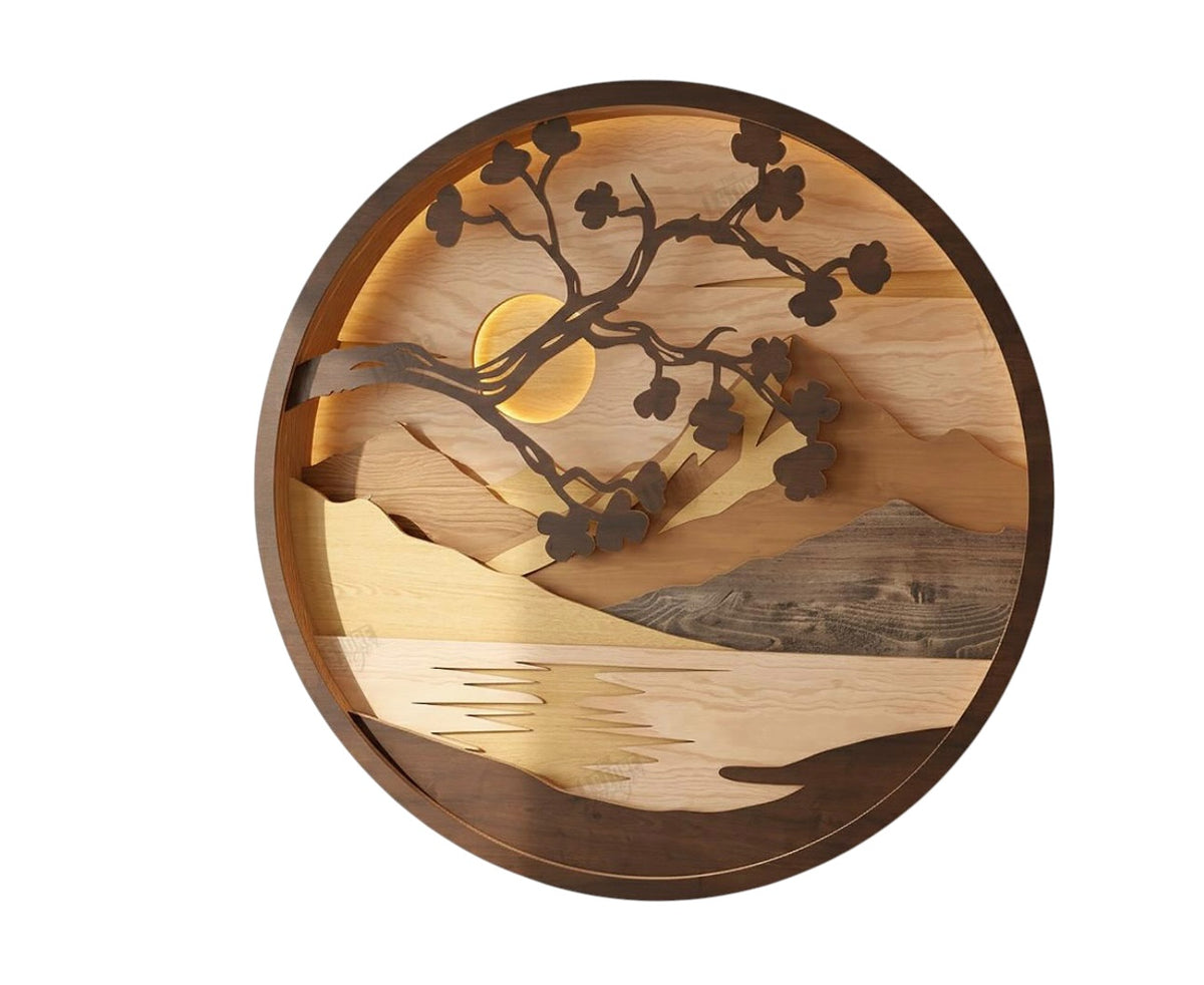 Houten sfeerlamp Ø 28 cm – gelaagde wandkunst met LED