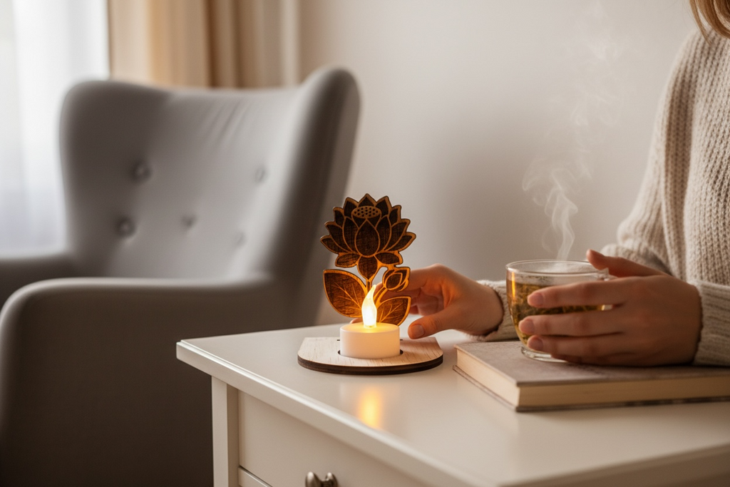 Waxinelichthouder Lotus met naam – incl. LED-kaars