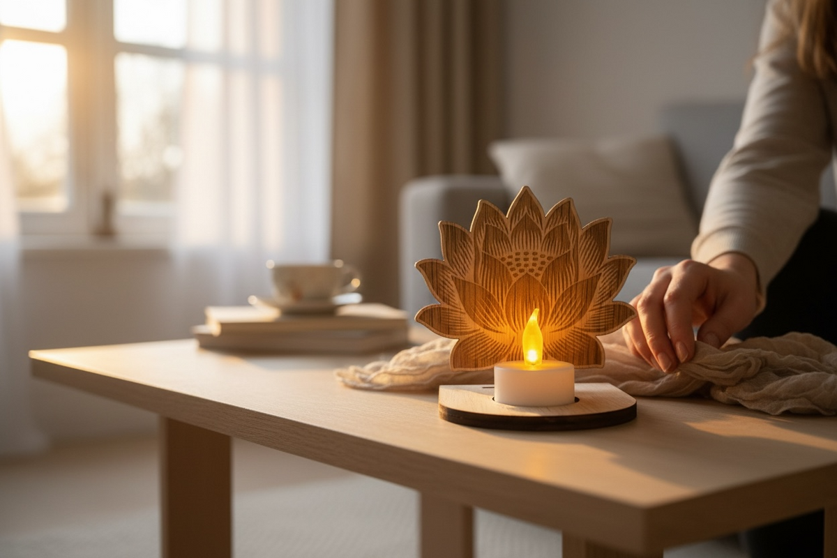 Waxinelichthouder Lotus met naam – incl. LED-kaars