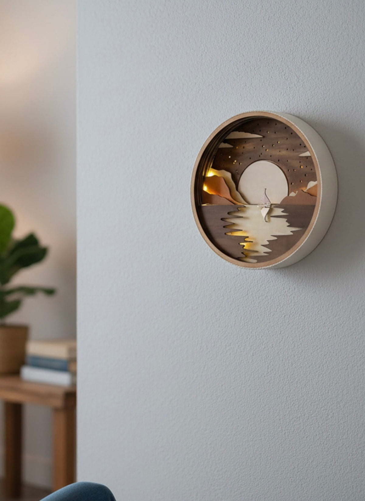 Houten sfeerlamp Ø 28 cm – gelaagde wandkunst met LED