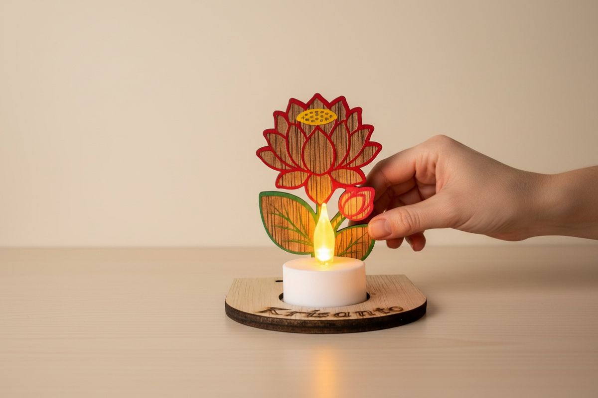 Waxinelichthouder Lotus met naam – incl. LED-kaars