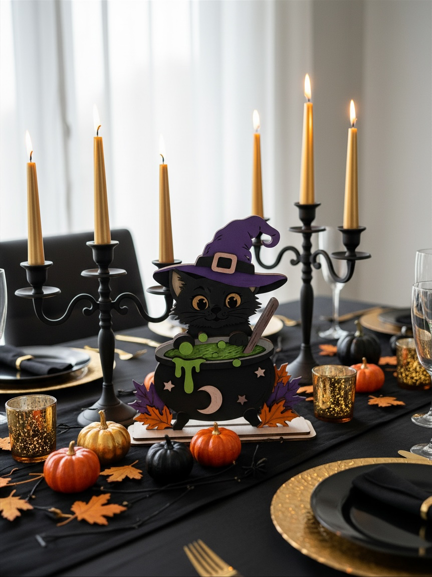 Houten Halloween Decoratie Kat met Heksenhoed & Toverketel