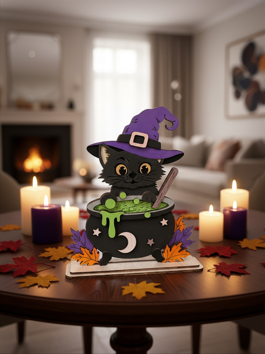 Houten Halloween Decoratie Kat met Heksenhoed & Toverketel