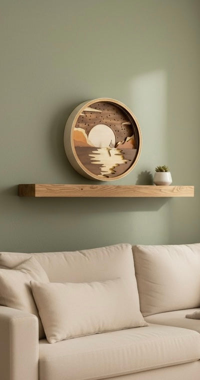 Houten sfeerlamp Ø 28 cm – gelaagde wandkunst met LED