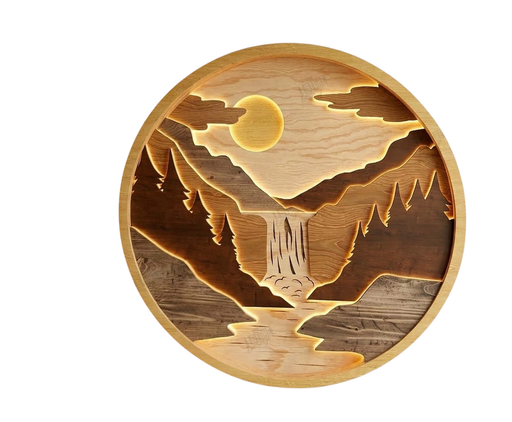 Houten sfeerlamp Ø 28 cm – gelaagde wandkunst met LED