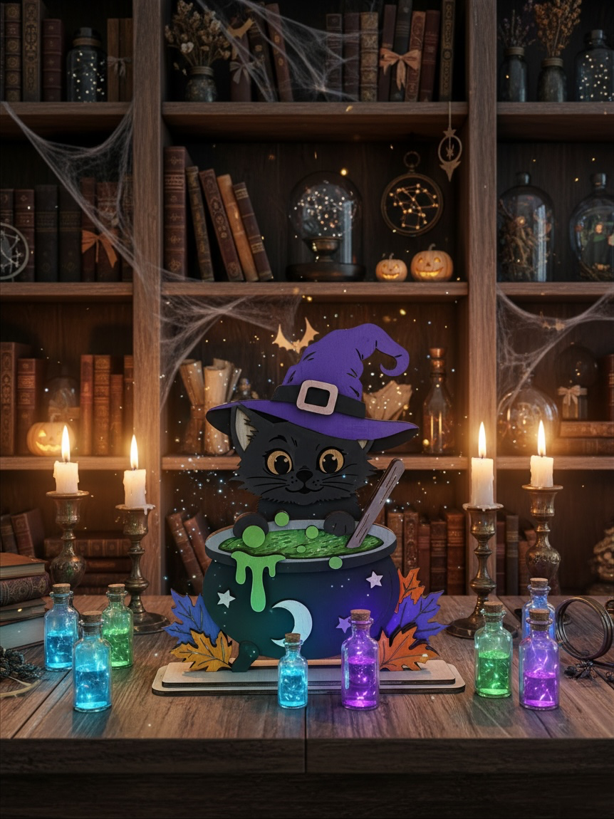 Houten Halloween Decoratie Kat met Heksenhoed & Toverketel