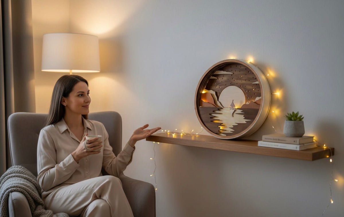 Houten sfeerlamp Ø 28 cm – gelaagde wandkunst met LED