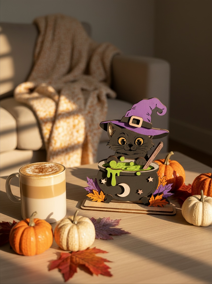 Houten Halloween Decoratie Kat met Heksenhoed & Toverketel
