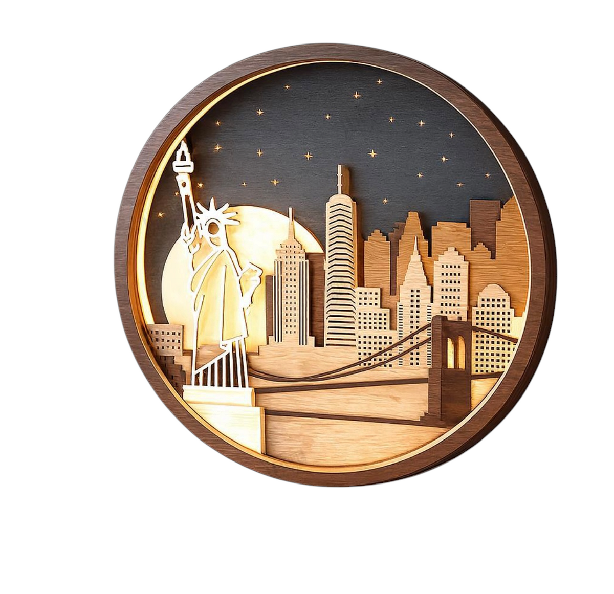 Houten sfeerlamp Ø 28 cm – gelaagde wandkunst met LED