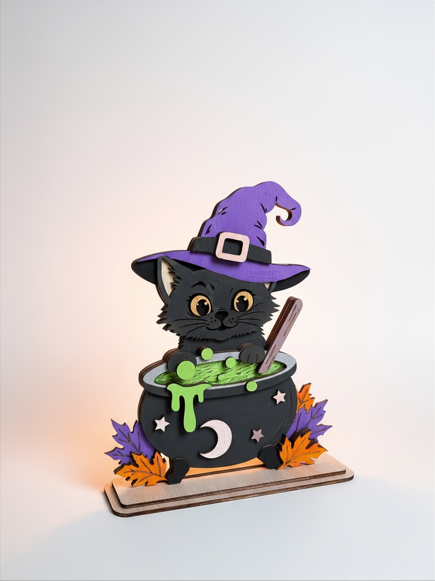 Houten Halloween Decoratie Kat met Heksenhoed & Toverketel