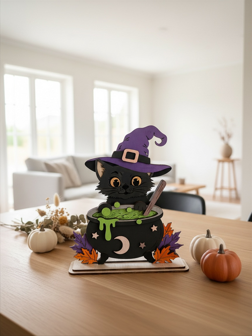 Houten Halloween Decoratie Kat met Heksenhoed & Toverketel