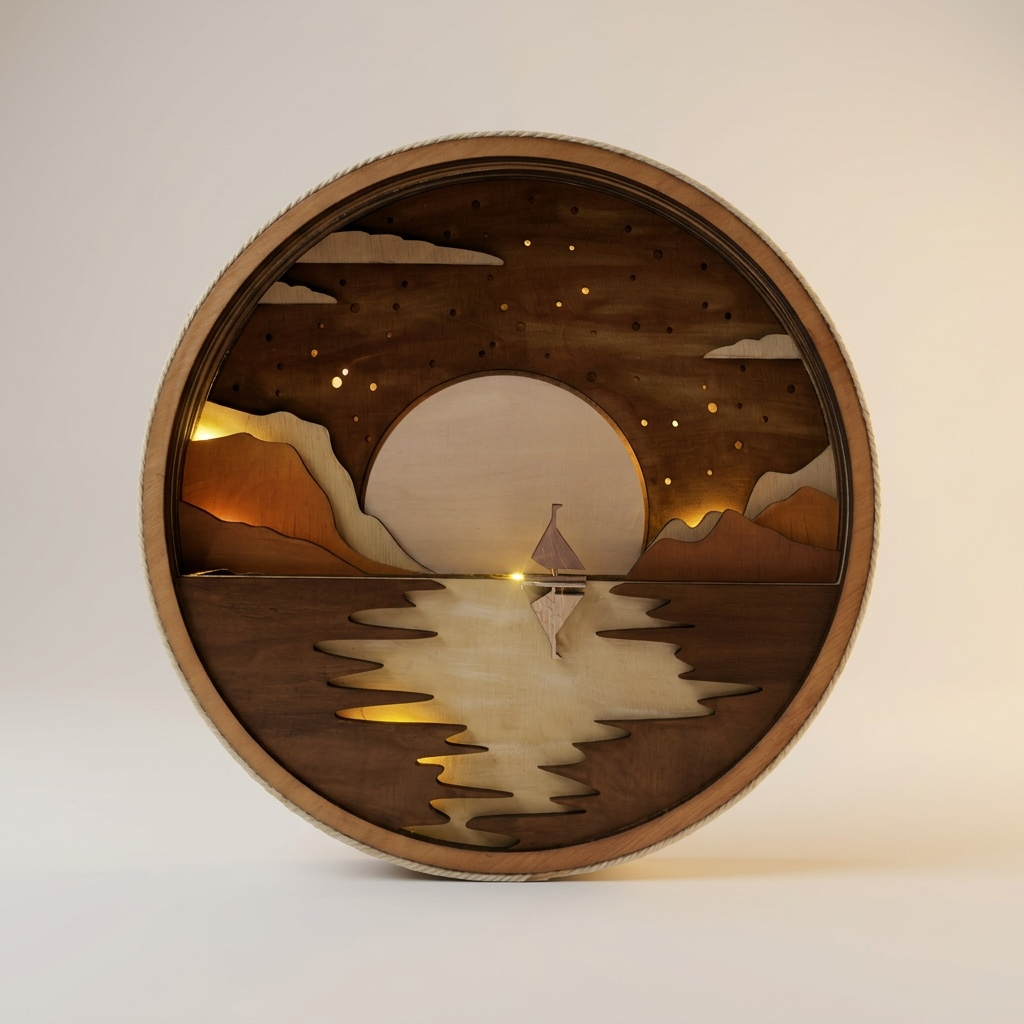 Houten sfeerlamp Ø 28 cm – gelaagde wandkunst met LED