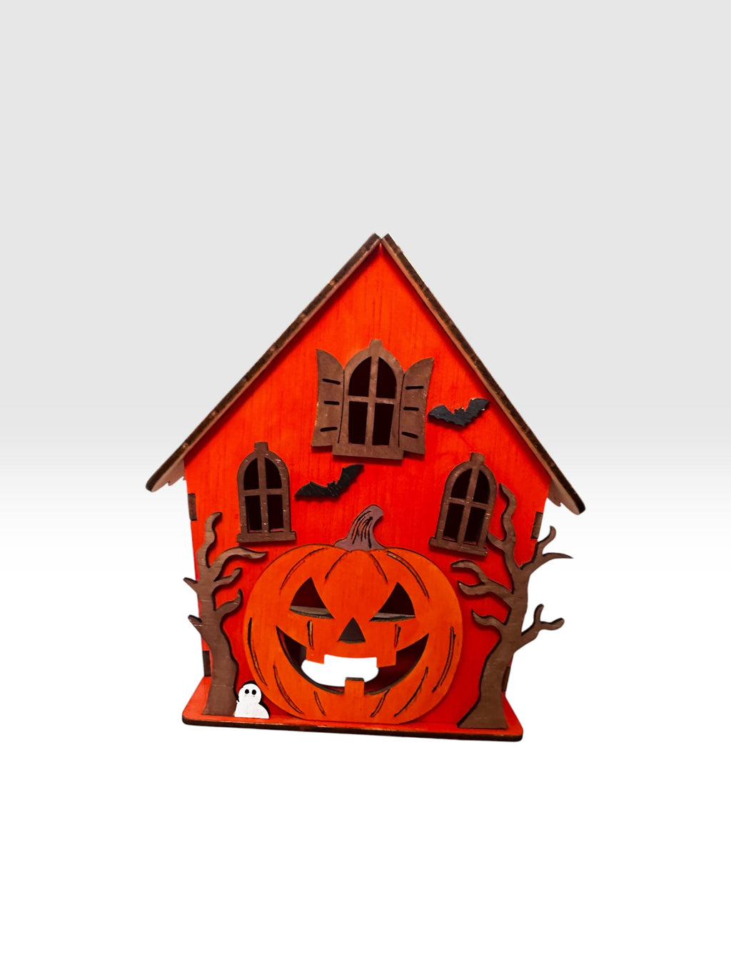 Houten Halloween Huisje Oranje – Pompoenhuis met Schedel & Vleermuizen