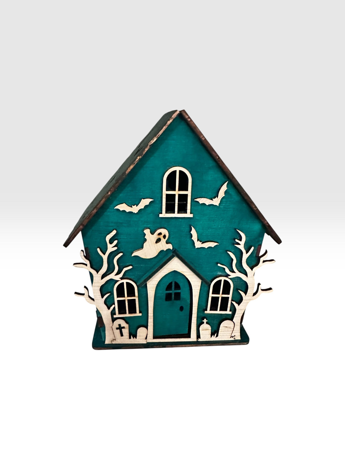 Houten Halloween Huisje Turquoise – Spookhuis met Vleermuizen & Spoken