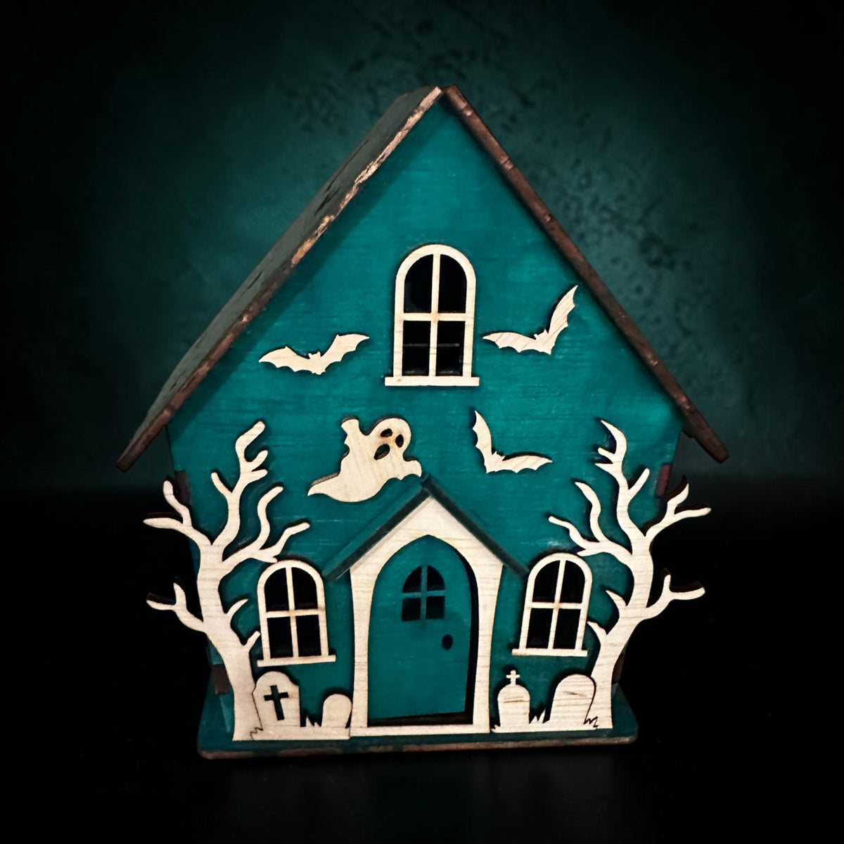 Houten Halloween Huisje Turquoise – Spookhuis met Vleermuizen & Spoken