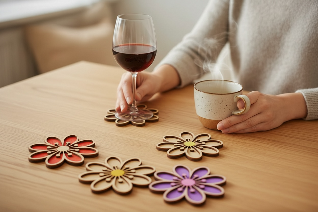 Gepersonaliseerde Bloem Klaproos Onderzetters Set - 6 Stuks + Houten Houder