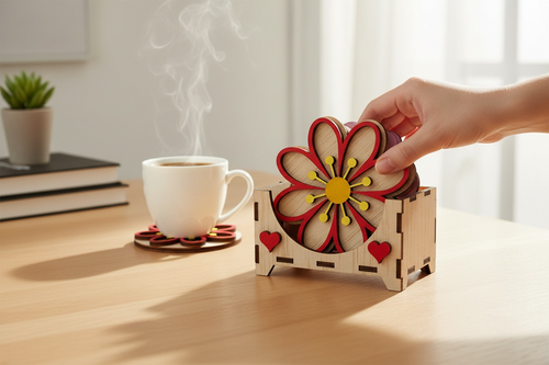 Gepersonaliseerde Bloem Klaproos Onderzetters Set - 6 Stuks + Houten Houder