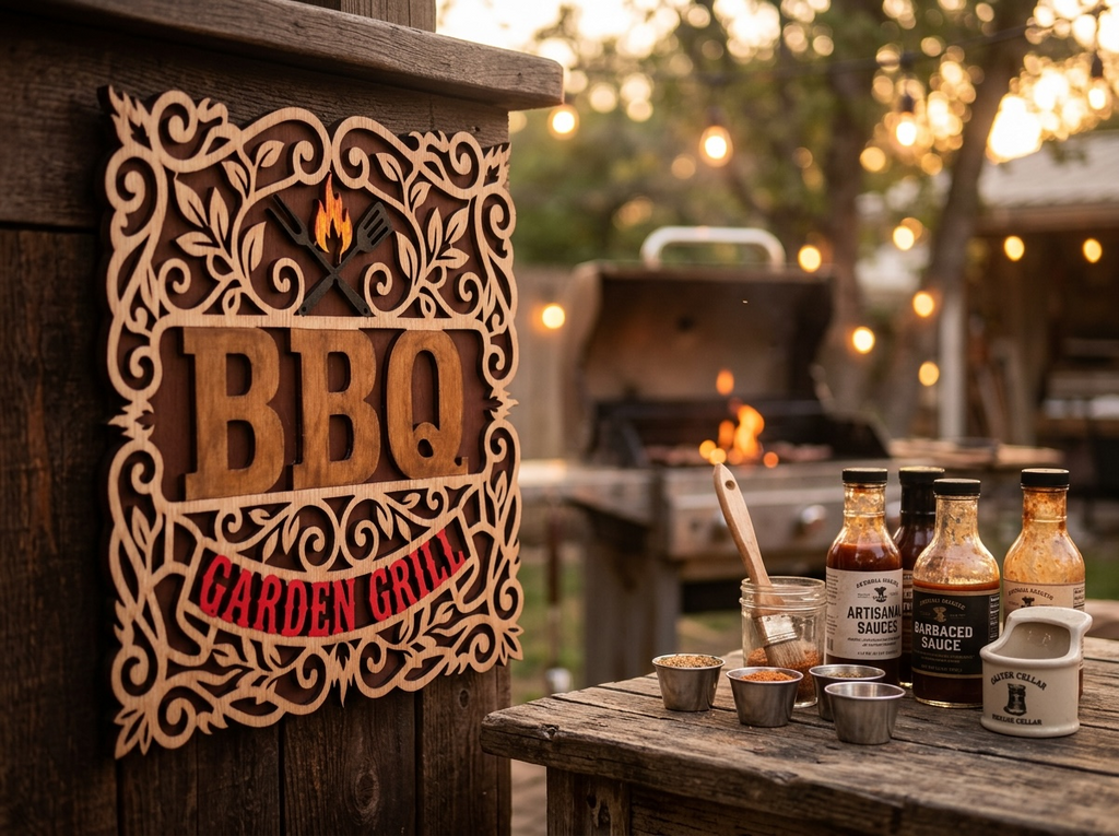 Handmade Houten BBQ Wandbord "Garden Grill" – Decoratief Ornament met Vakmanschap