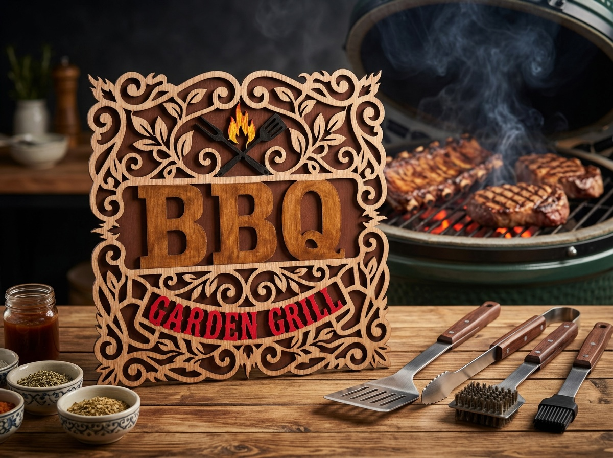 Handmade Houten BBQ Wandbord "Garden Grill" – Decoratief Ornament met Vakmanschap