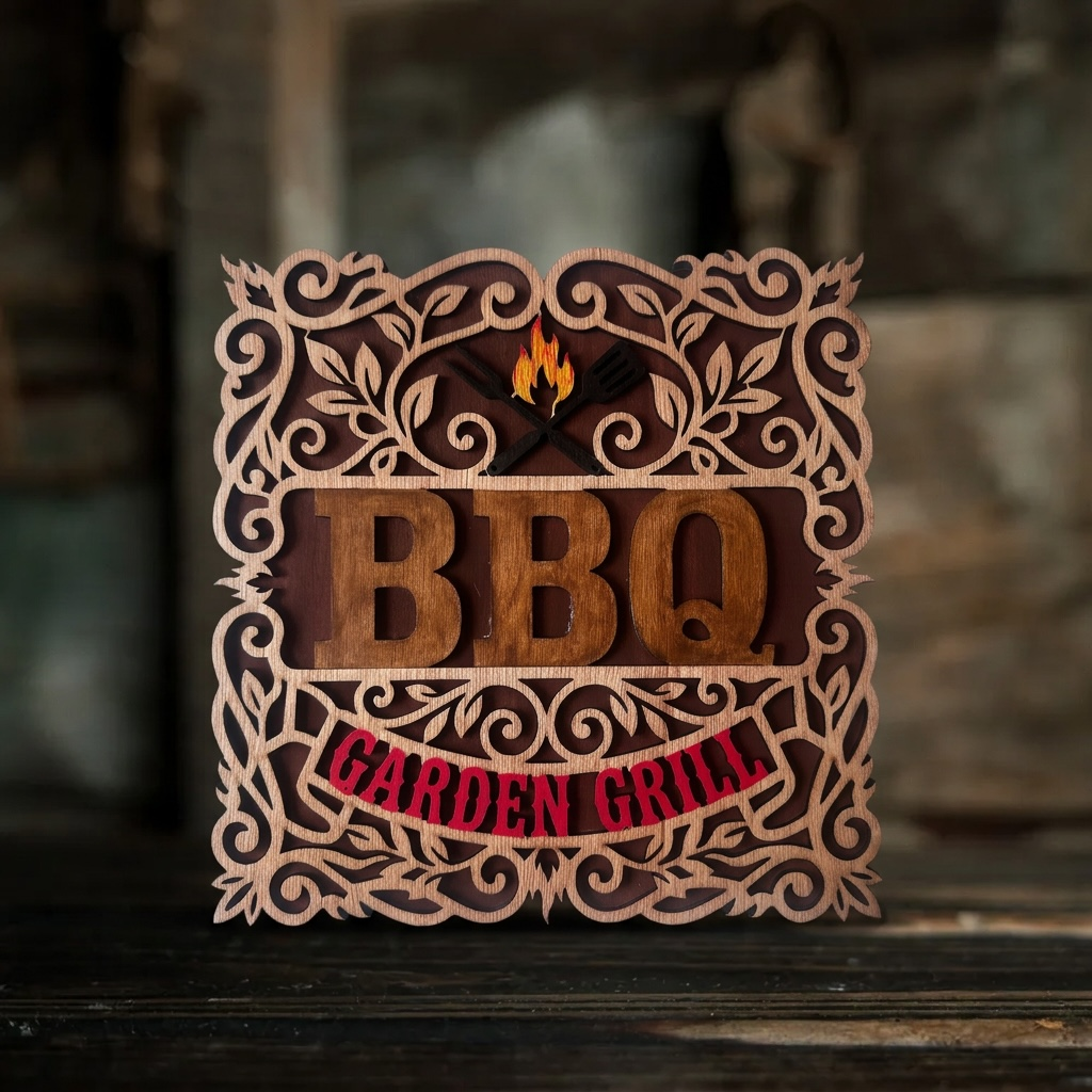 Handmade Houten BBQ Wandbord "Garden Grill" – Decoratief Ornament met Vakmanschap