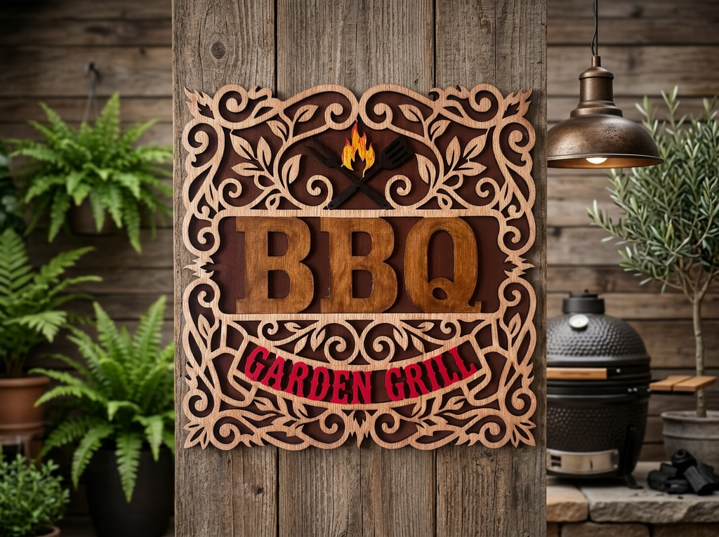 Handmade Houten BBQ Wandbord "Garden Grill" – Decoratief Ornament met Vakmanschap