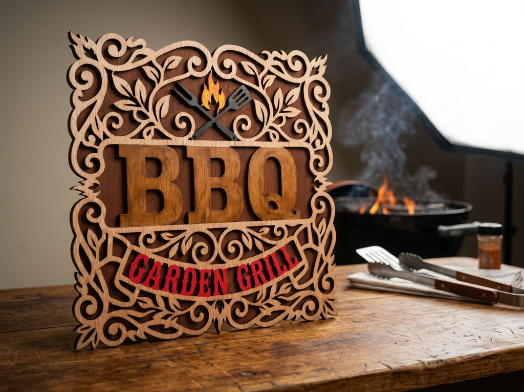 Handmade Houten BBQ Wandbord "Garden Grill" – Decoratief Ornament met Vakmanschap