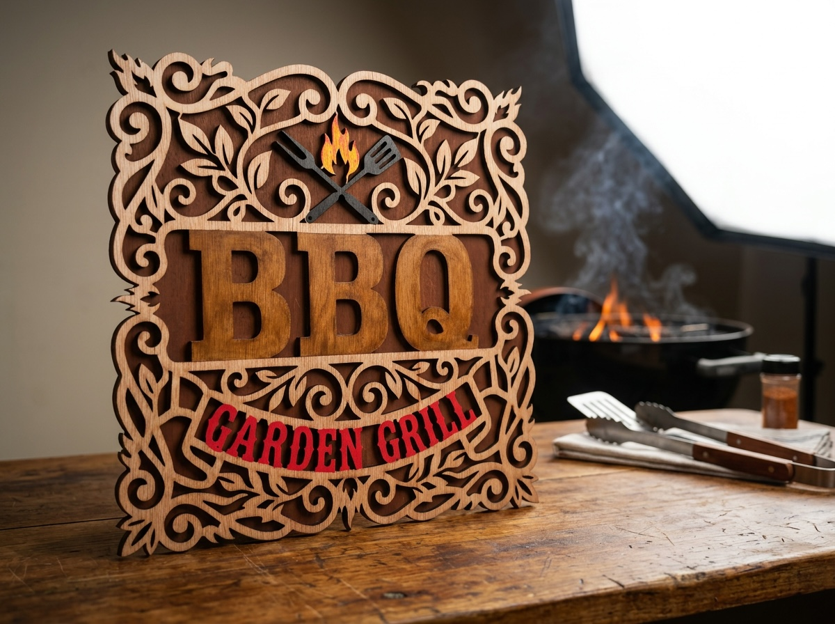Handmade Houten BBQ Wandbord "Garden Grill" – Decoratief Ornament met Vakmanschap