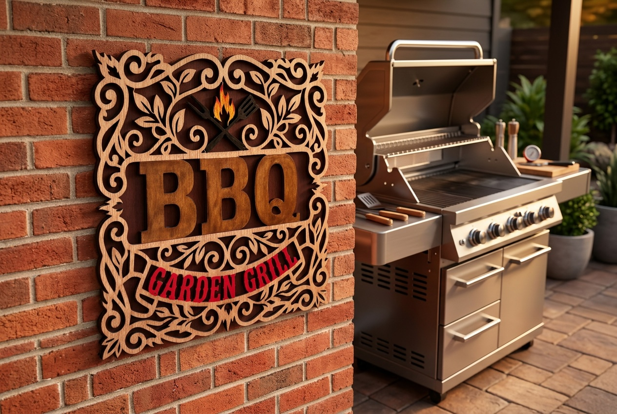 Handmade Houten BBQ Wandbord "Garden Grill" – Decoratief Ornament met Vakmanschap