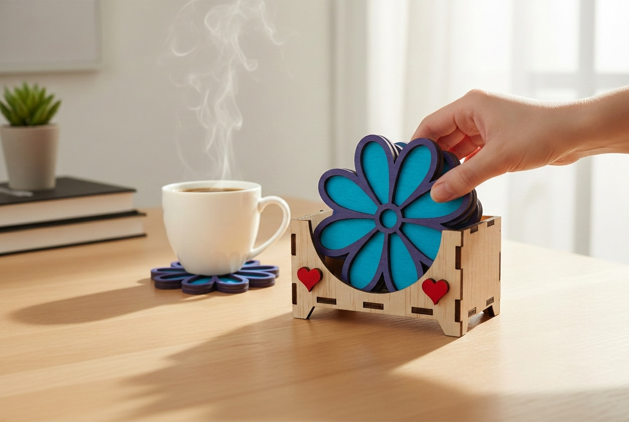 Gepersonaliseerde Cornbloem Onderzetters Set - 6 Stuks + Houten Houder