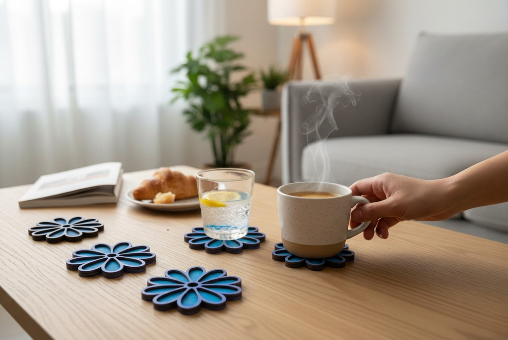 Gepersonaliseerde Cornbloem Onderzetters Set - 6 Stuks + Houten Houder