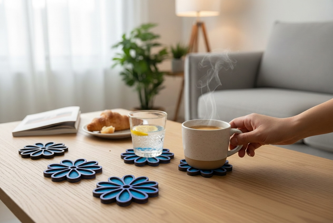 Gepersonaliseerde Cornbloem Onderzetters Set - 6 Stuks + Houten Houder