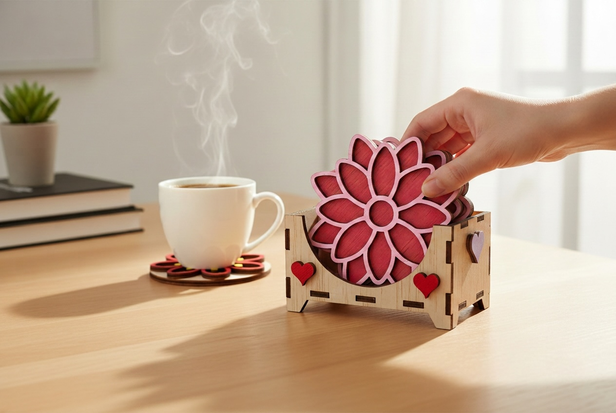 Gepersonaliseerde Bloem Chrysant Onderzetters Set - 6 Stuks + Houten Houder