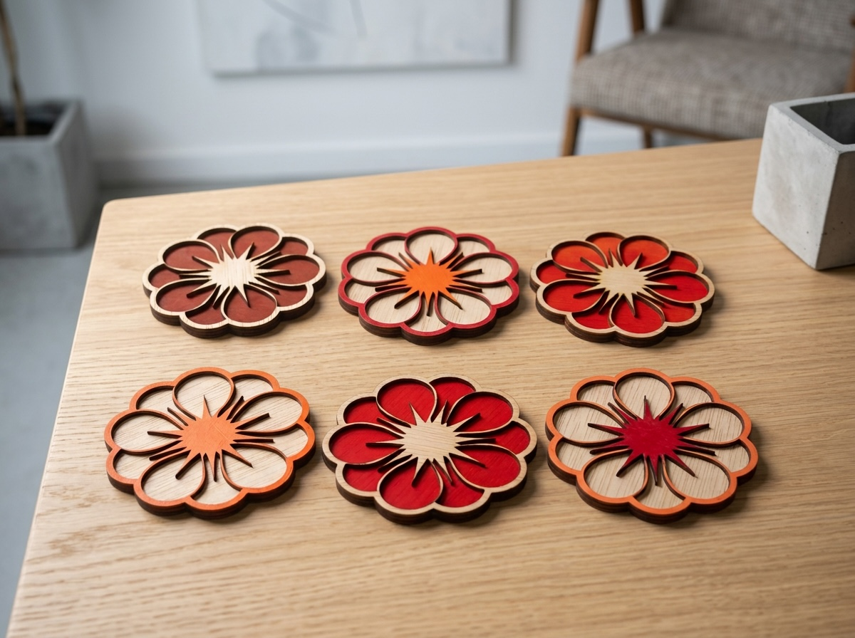Gepersonaliseerde Bloem Dahlia Onderzetters Set - 6 Stuks + Houten Houder