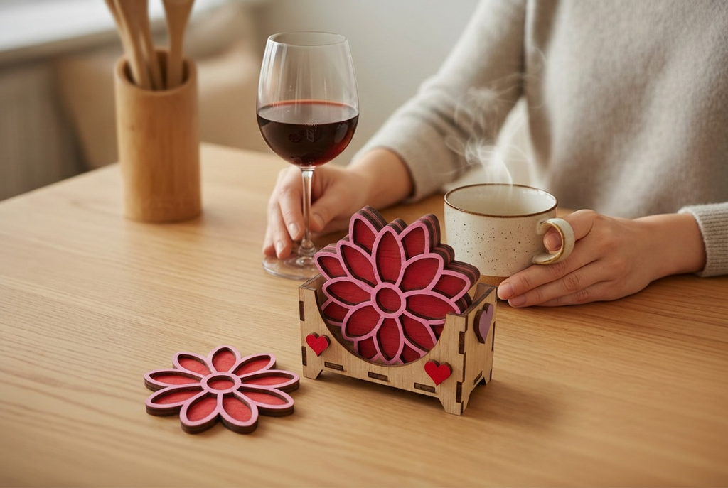 Gepersonaliseerde Bloem Chrysant Onderzetters Set - 6 Stuks + Houten Houder
