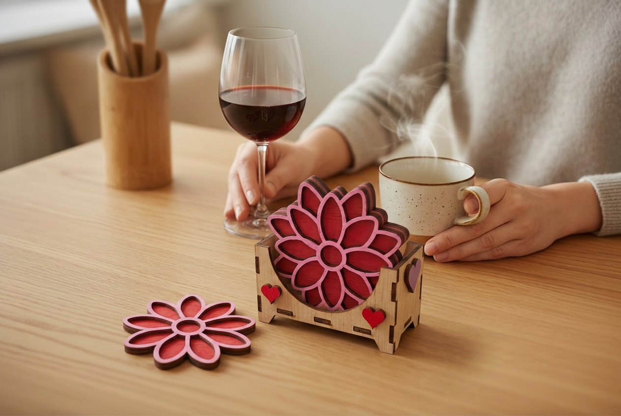 Gepersonaliseerde Bloem Chrysant Onderzetters Set - 6 Stuks + Houten Houder