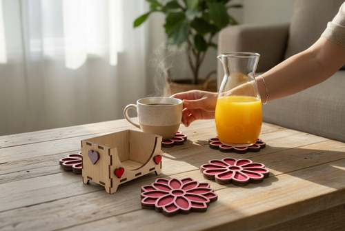 Gepersonaliseerde Bloem Chrysant Onderzetters Set - 6 Stuks + Houten Houder
