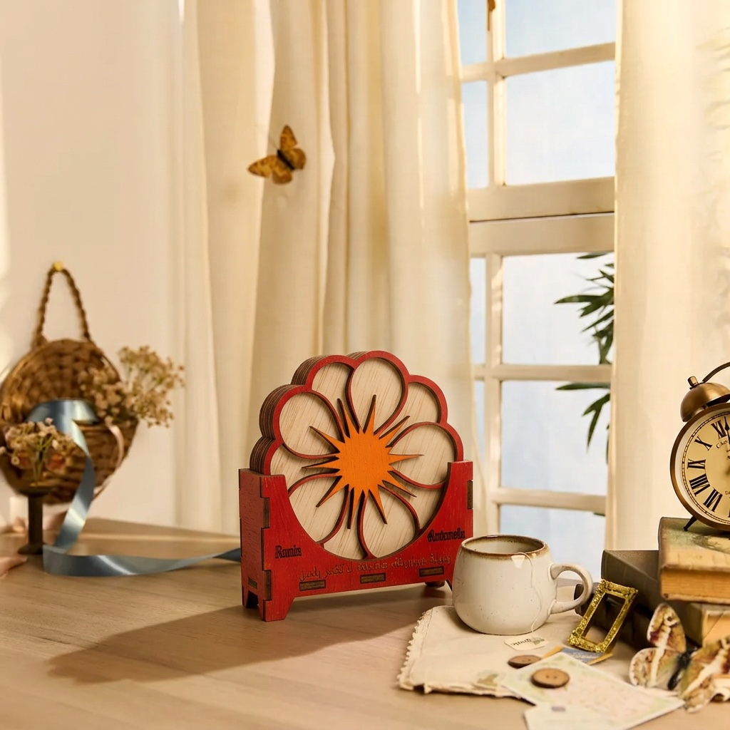 Gepersonaliseerde Bloem Dahlia Onderzetters Set - 6 Stuks + Houten Houder