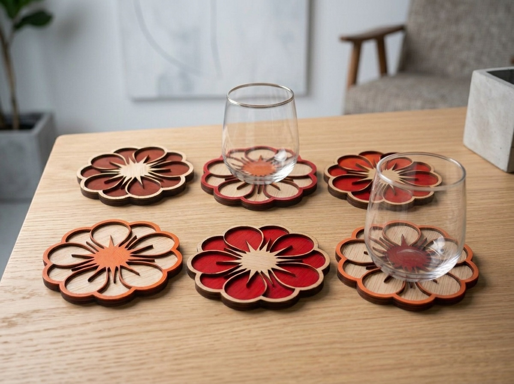 Gepersonaliseerde Bloem Dahlia Onderzetters Set - 6 Stuks + Houten Houder