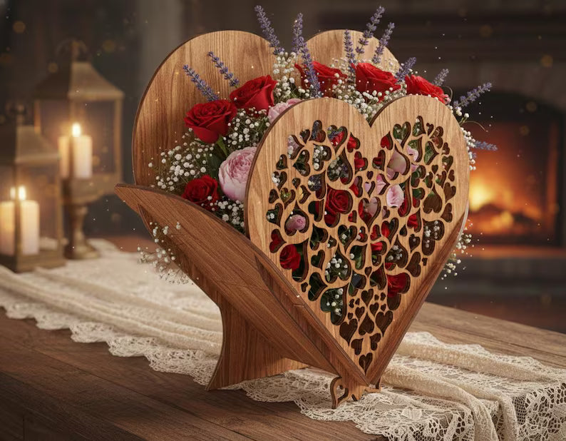 Decoratieve Houten Mand in Hartvorm, Lasergesneden, GEPERSONALISEERD met Naam of Tekst - Bloemenhouder, Organizer, Perfect Cadeau voor Elke Gelegenheid
