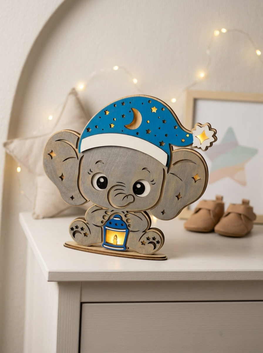 Nachtlampje Olifant met NAAM van het Kind op het Bandje Gegraveerd - Warm LED-Strip op Batterijen, Batterijen Inbegrepen