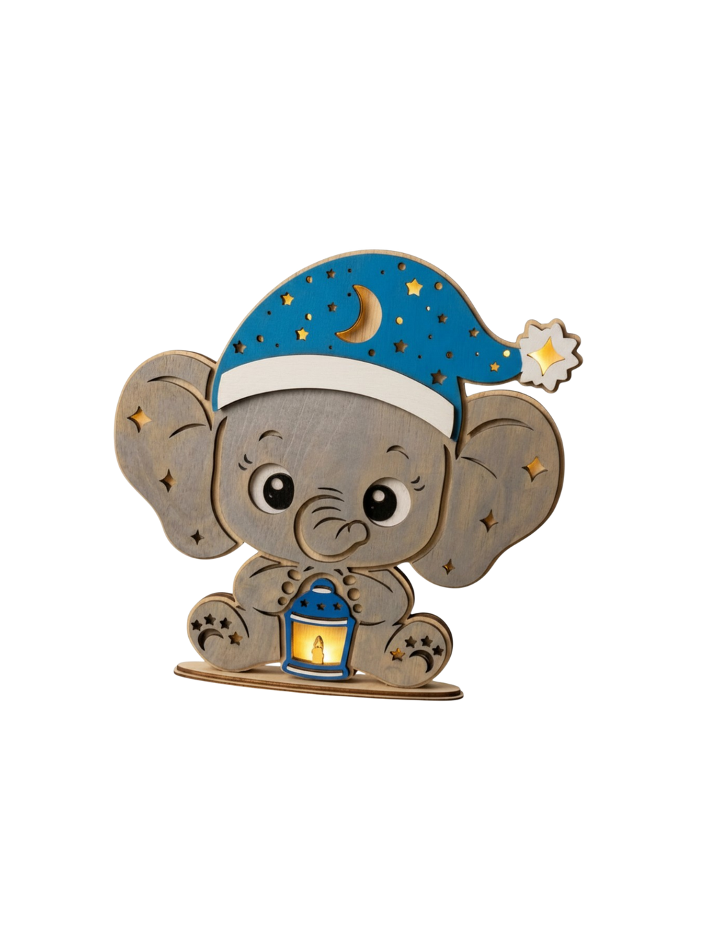 Nachtlampje Olifant met NAAM van het Kind op het Bandje Gegraveerd - Warm LED-Strip op Batterijen, Batterijen Inbegrepen