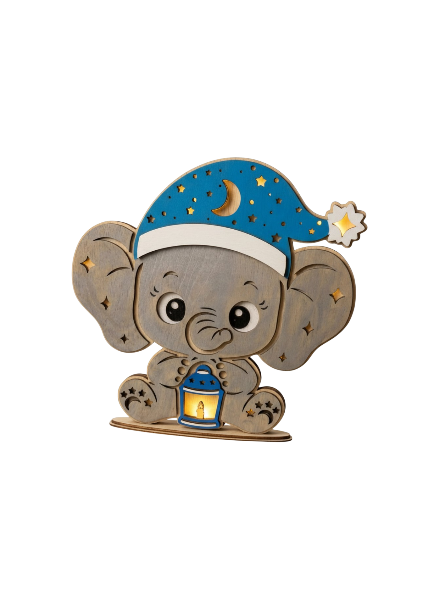 Nachtlampje Olifant met NAAM van het Kind op het Bandje Gegraveerd - Warm LED-Strip op Batterijen, Batterijen Inbegrepen