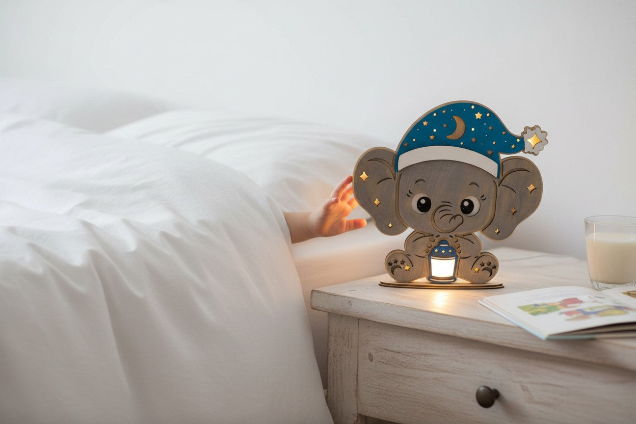Nachtlampje Olifant met NAAM van het Kind op het Bandje Gegraveerd - Warm LED-Strip op Batterijen, Batterijen Inbegrepen