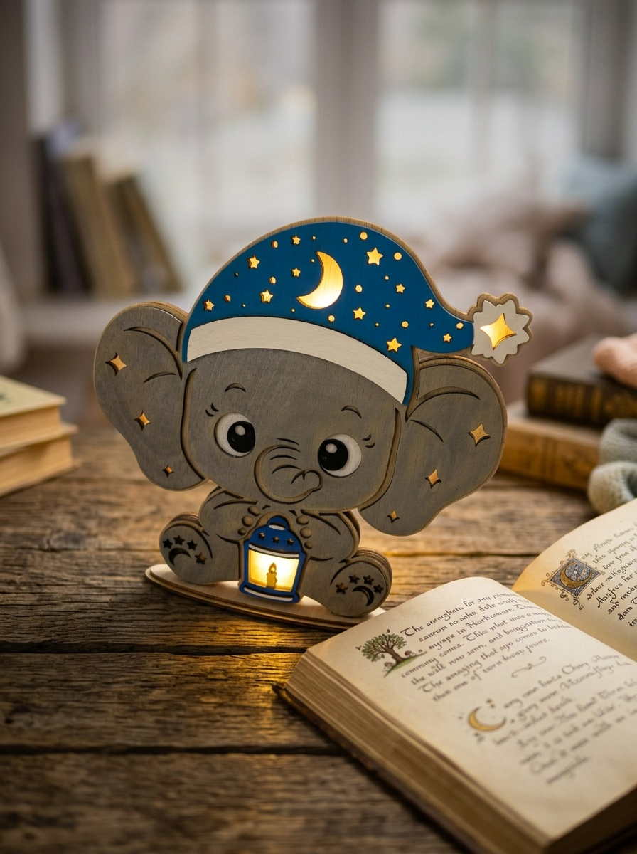 Nachtlampje Olifant met NAAM van het Kind op het Bandje Gegraveerd - Warm LED-Strip op Batterijen, Batterijen Inbegrepen