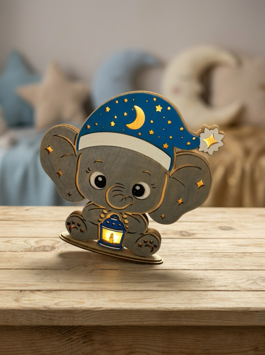 Nachtlampje Olifant met NAAM van het Kind op het Bandje Gegraveerd - Warm LED-Strip op Batterijen, Batterijen Inbegrepen