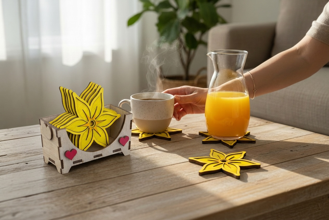 Gepersonaliseerde ZonnenBloem Onderzetters Set - 6 Stuks + Houten Houder