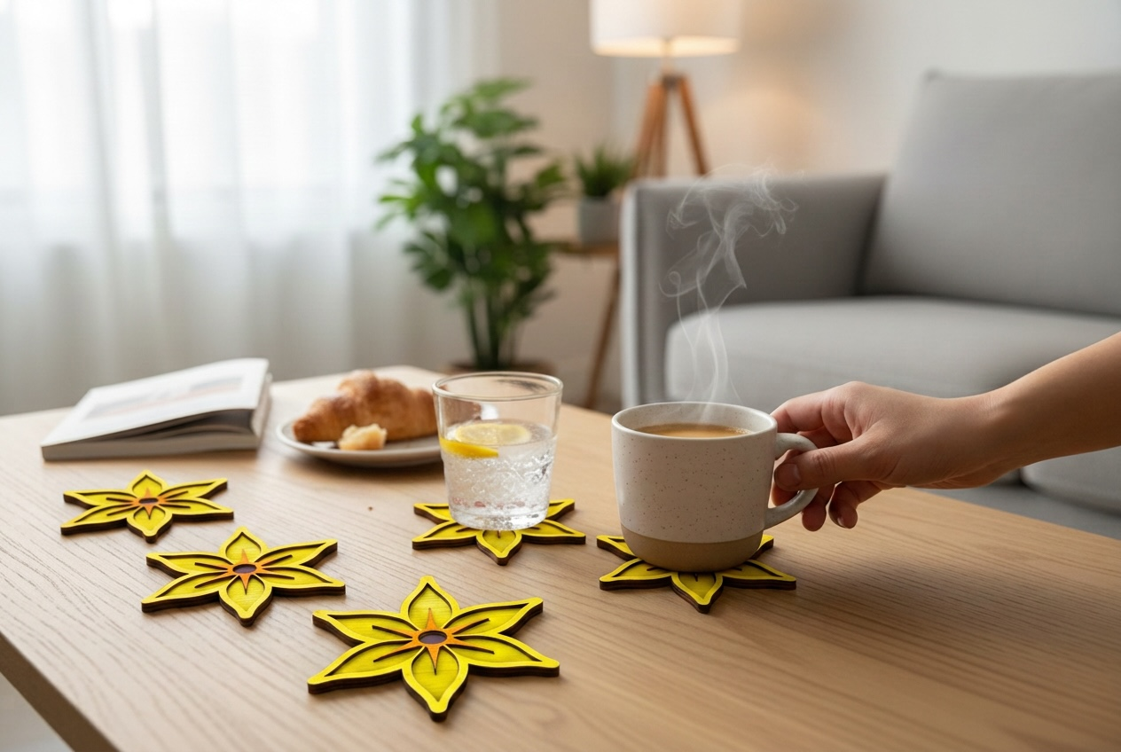 Gepersonaliseerde ZonnenBloem Onderzetters Set - 6 Stuks + Houten Houder